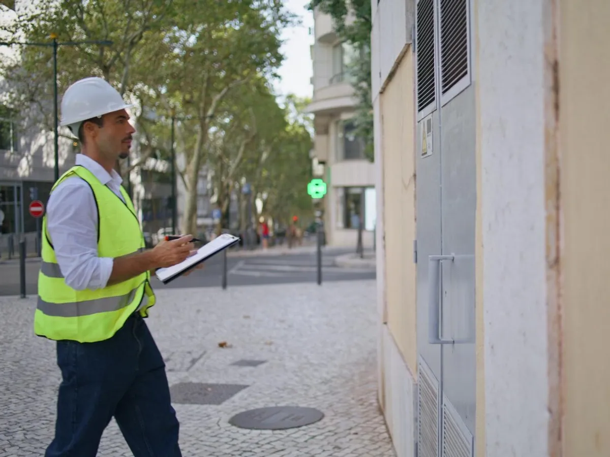 Technicien en casque et gilet de sécurité prenant des notes devant les armoires techniques d'un immeuble